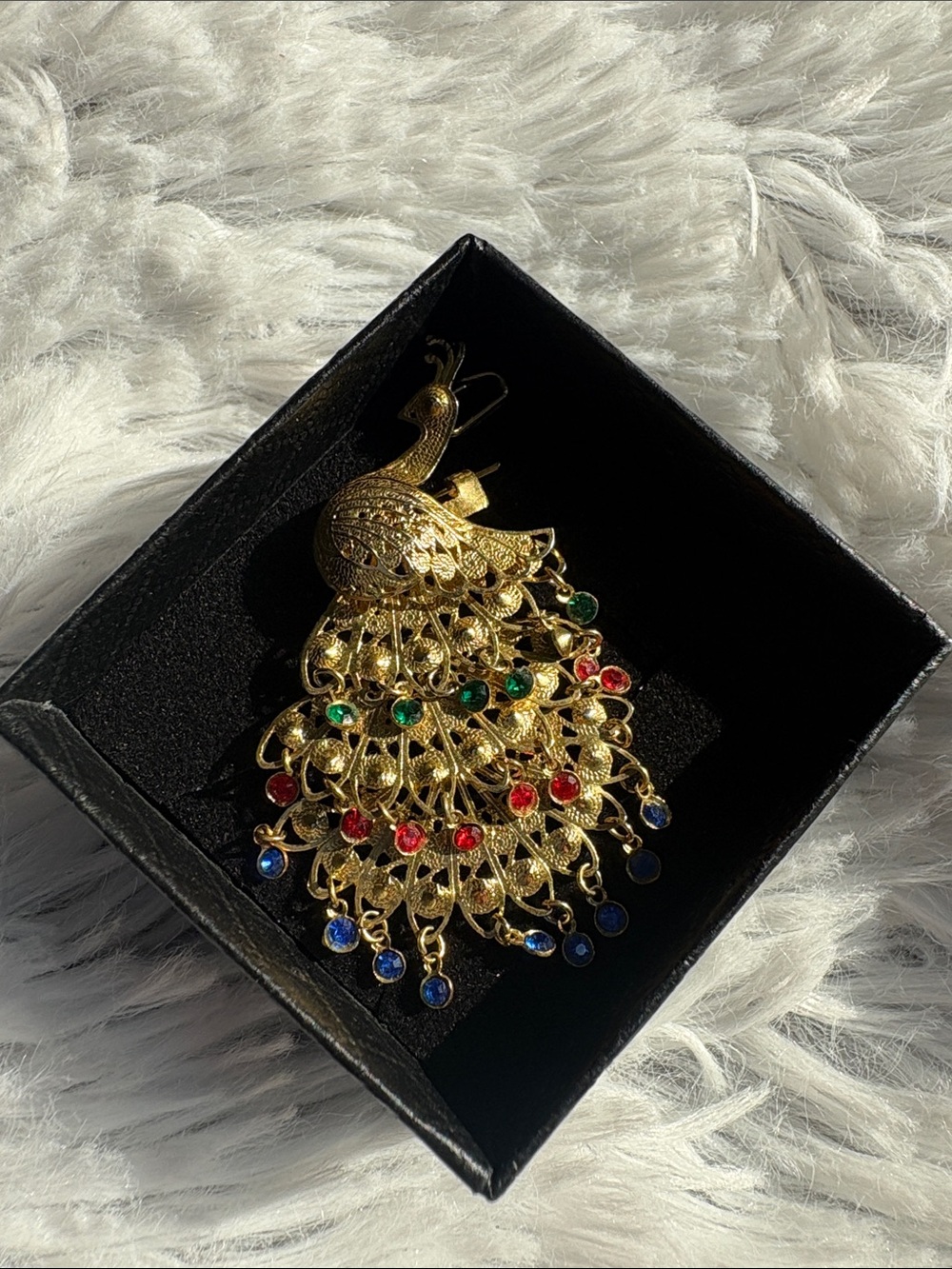 Gold Peacock Brooch with Red, Green & Blue Stones - Women Jewelry